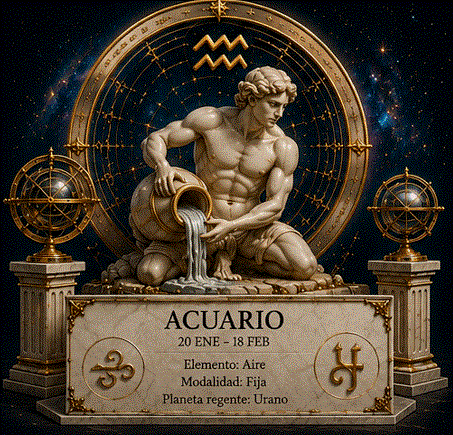 Ilustración mística de Acuario: el aguador con el símbolo ♒ rodeado de ondas eléctricas azul-violeta y constelaciones de luz
