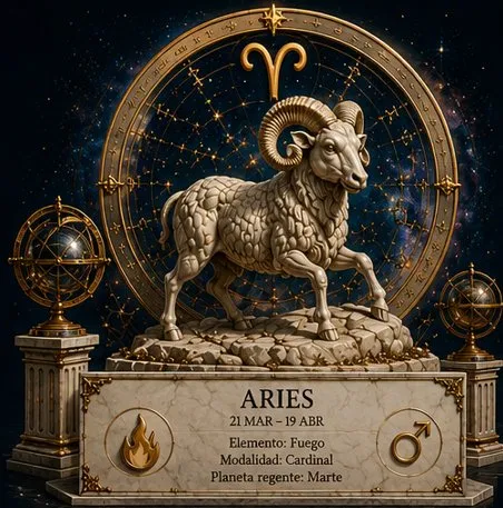 Ilustración mística de Aries: el carnero de Marte con el símbolo ♈ y llamas cósmicas de fuego cardinal