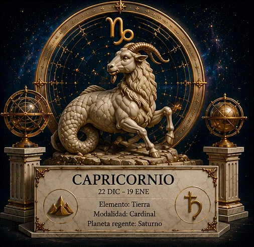 Estatua mística de Capricornio: la cabra de Saturno ante la rueda del zodiaco, con el símbolo ♑ y esferas armilares doradas