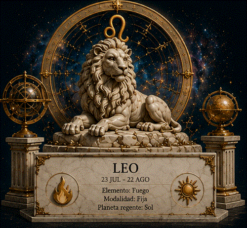 Ilustración mística de Leo: el león solar con el símbolo ♌ rodeado de llamas doradas y corona de luz