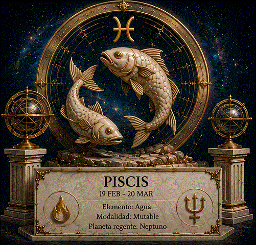 Ilustración mística de Piscis: dos peces nadando en direcciones opuestas alrededor del símbolo ♓, rodeados de olas y luz de luna sobre el océano