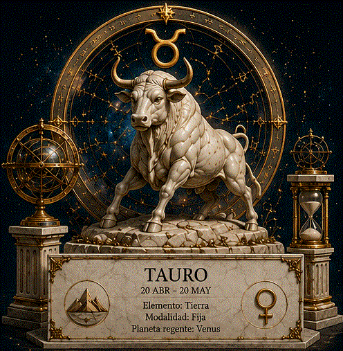 Ilustración mística de Tauro: el toro de Venus con el símbolo ♉ rodeado de flores y tierra fértil